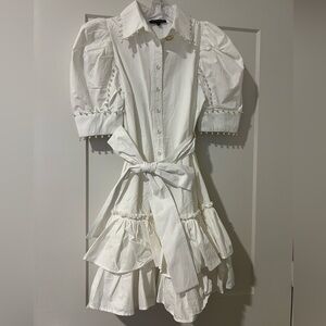 White Ruffle Button-Front Dress with Tie Waist
